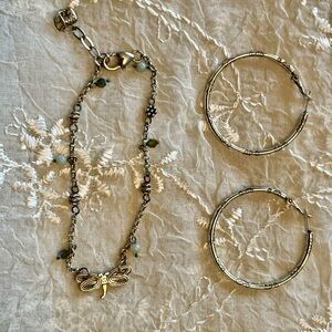 Brighton Silver Dragonfly Anklet with Brighton Hoop Earrings 1.5” diameter.